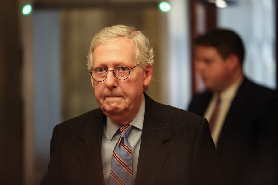 Senate Minority Leader Mitch McConnell, R-Ky., arrives at the U.S. Capitol on July 21, 2021 in Washington, D.C. The Senate is expected to vote on whether to begin debating the bipartisan infrastructure bill, a vote McConnell said is "set to fail."