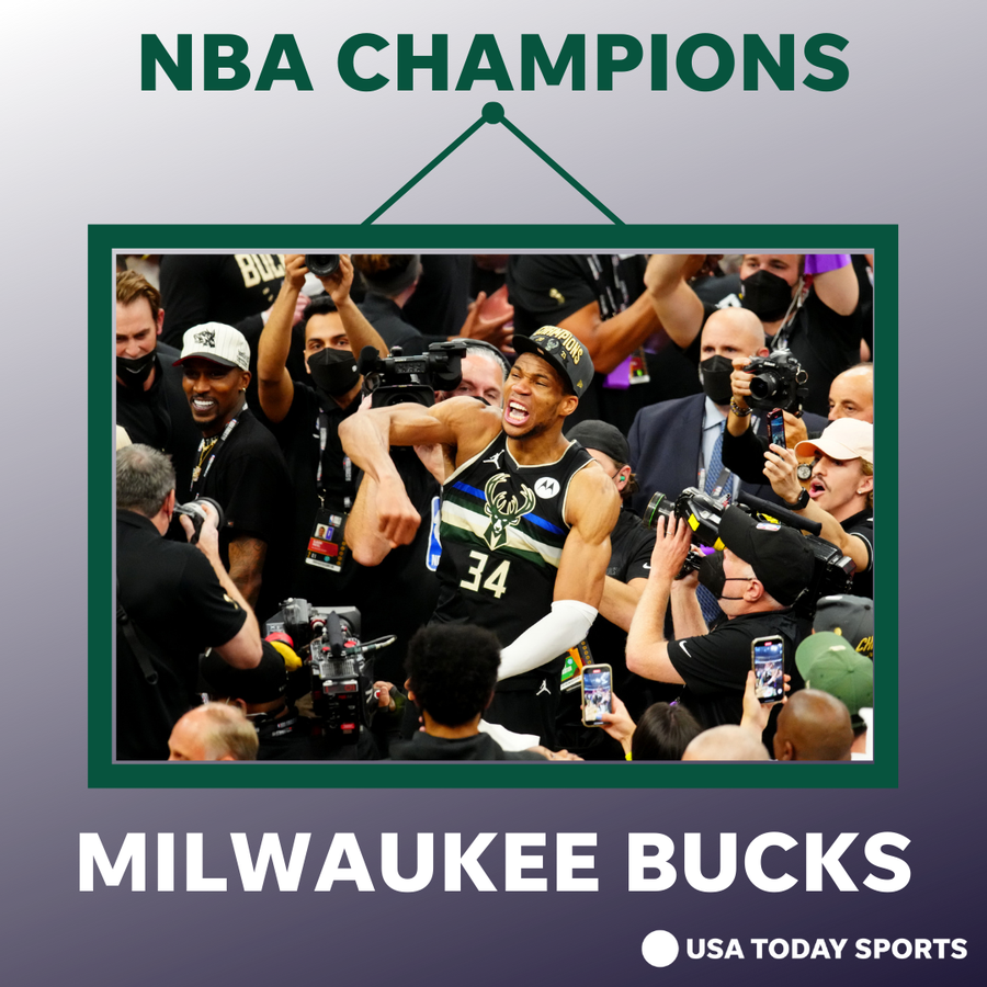 The Milwaukee Bucks' Giannis Antetokounmpo celebrates his first NBA championship in July 2021.
