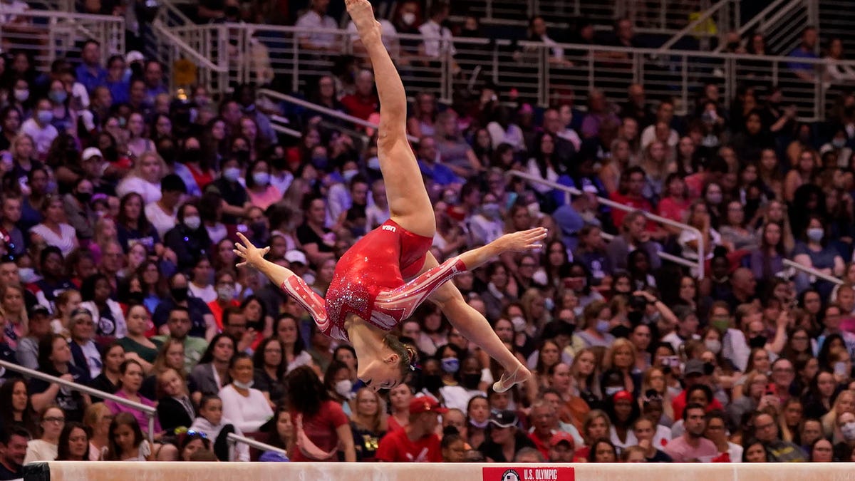 Grace McCallum (111) competes on the beam during the U.S. Olympic Team Trials - Gymnastics competition at The Dome at America's Center on June 27, 2021 in St. Louis. 