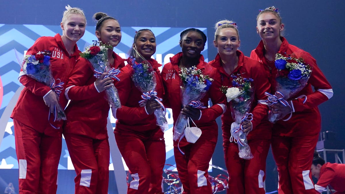 The women's Olympic team pose for a photo during the U.S. Olympic Team Trials - Gymnastics competition at The Dome at America's Center on June 27, 2021 in St. Louis.
