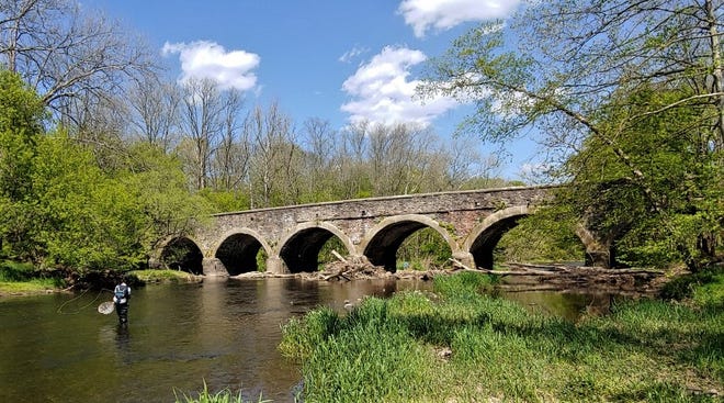 Neshaminy Creek attracts waders below historic Eight Arches Bridge in Warwick.