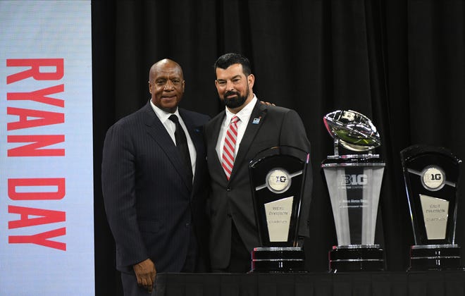 Buckeyes head coach Ryan Day poses with Big 10 commissioner Kevin Warren prior to speaking to the media during Big 10 media days at Lucas Oil Stadium.