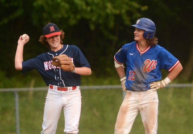 Norwich third baseman Mason Bordeau smiles after tagging out Waterford's Conner Rowe with the hidden ball trick during Waterford''s 3-0 win Thursday at Dickenman Field.