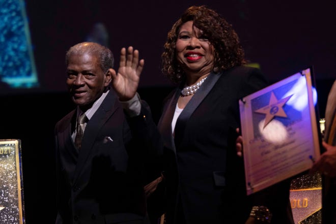 Otis Williams, left, is inducted into the founding class of the Cincinnati Black Music Walk of Fame, Saturday, July 24, 2021, at The Andrew J Brady ICON Music Center in the Downtown neighborhood of Cincinnati, Ohio.
The founding inductees were Bootsy Collins, Otis Williams, The Isley Brothers and Dr. Charles Fold.
The Black Music Walk of Fame will be located on Lot 28 across from Paul Brown Stadium will be a connector to The Andrew J Brady ICON Music Center, creating the first music corridor on the Banks. It is scheduled to be completed in the summer of 2022.