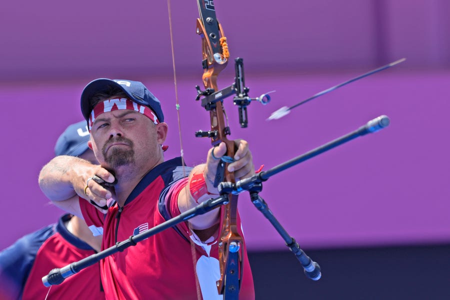United States' Brady Ellison releases the arrow during the mixed team competition against Indonesia at the 2020 Summer Olympics, Saturday, July 24, 2021, in Tokyo, Japan.