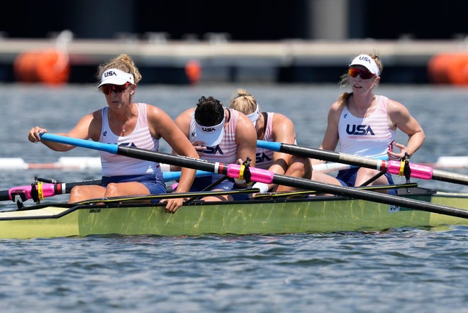 Maddie Wanamaker, right, of Neenah along with teammates Claire Collins, Kendall Chase and Grace Luczak react after competing in the women's four repechage at the 2020 Summer Olympics on Sunday in Tokyo, Japan.