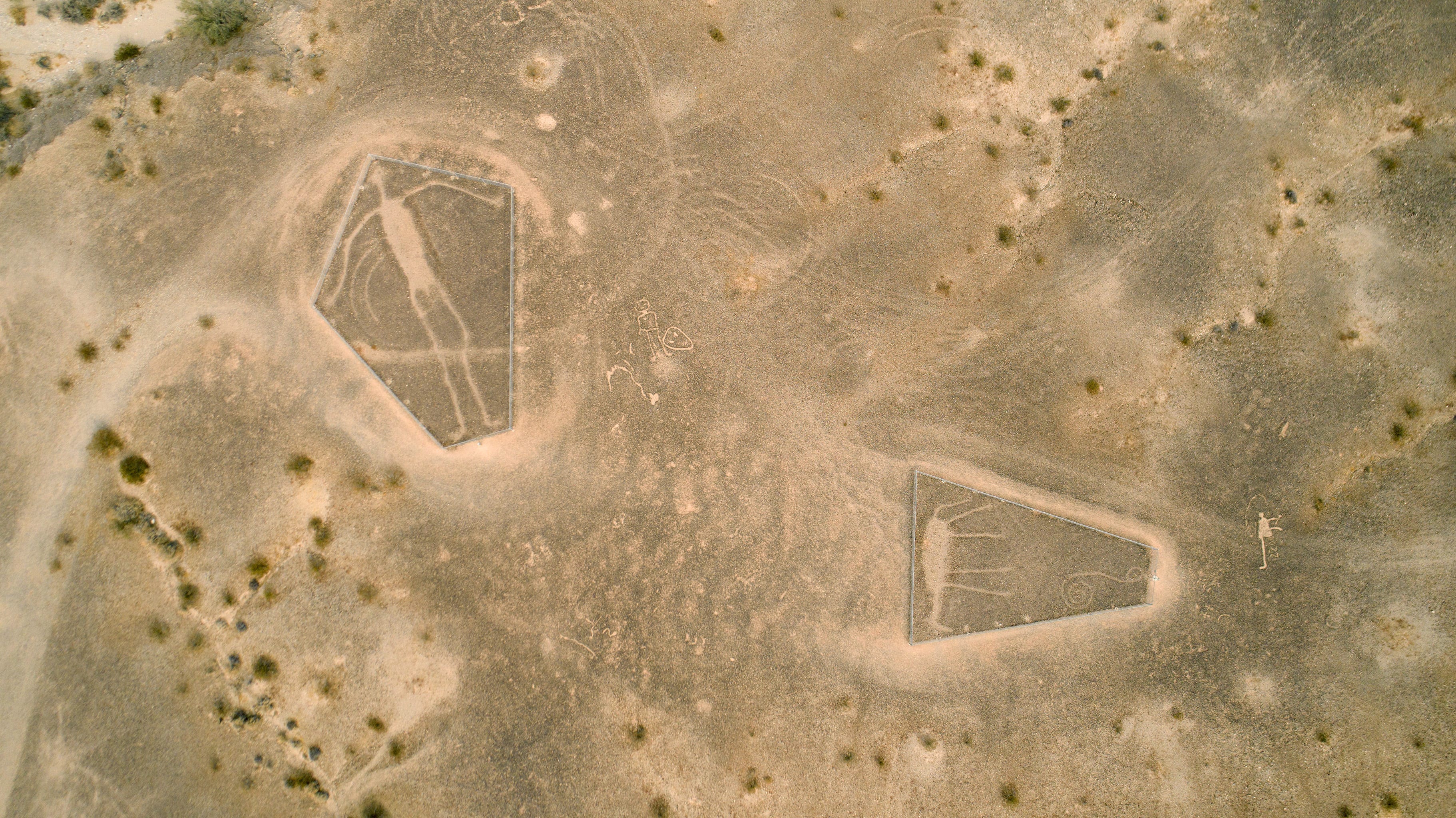 The Blythe intaglios were created on the desert floor hundreds if not thousands of years ago by native people for an unknown reason. The tribes view this land as sacred and want to preserve it for future generations. The one on the left appears to be a human figure while the one on the right appears to be an animal.