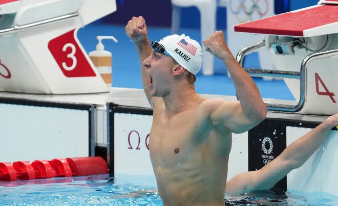 American Chase Kalisz celebrates after winning the men's 400 individual medley final during the Tokyo 2020 Olympic Summer Games at Tokyo Aquatics Centre.