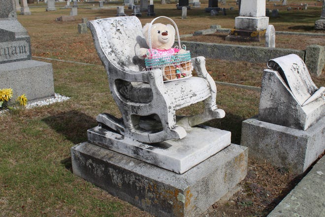 This headstone at Mayflower Hill Cemetery in Taunton reads "Her vacant chair." Local legend has it that the chair rocks at night, due to the ghostly presence of the little girl who left it vacant. Visitors often leave toys and gifts.
