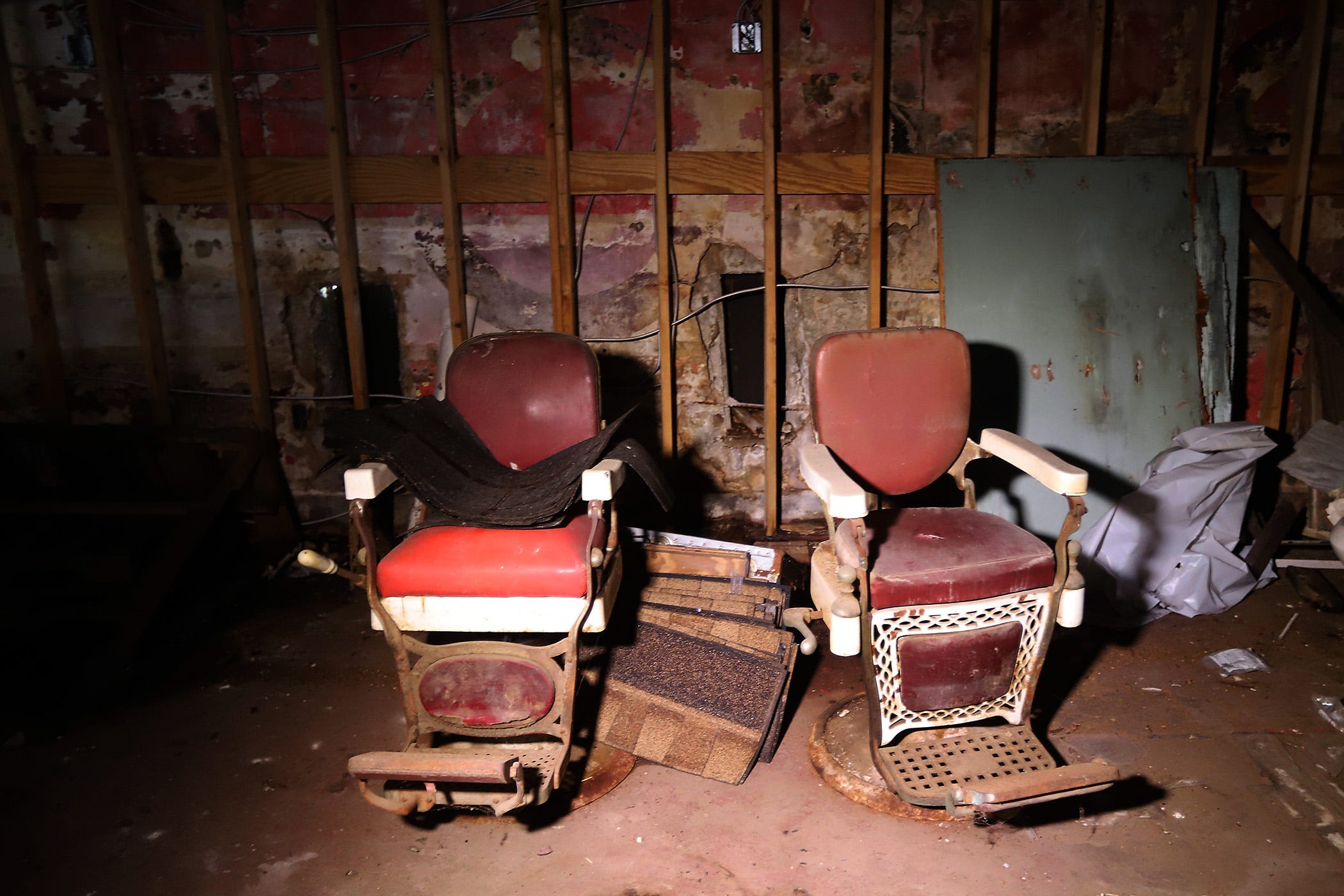 A pair of vintage barber chairs still sit on the first floor of the historic hotel and nightclub The Dew Drop Inn in New Orleans. Founder and owner Frank Painia began as a barber and continued to cut hair at the Dew Drop until he died in 1972.