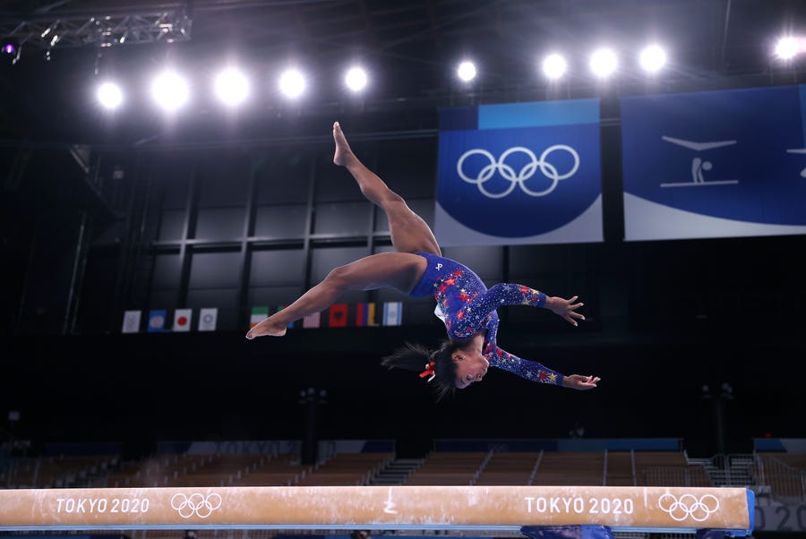 Simone Biles of Team United States competes on balance beam on day two of the Tokyo 2020 Olympic Games at Ariake Gymnastics Centre on July 25, 2021 in Tokyo, Japan.