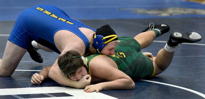 Jefferson's Dradyn Ray controls Joey Siniarski of Flat Rock during a Huron League wrestling match. Ray will play football and wrestle at Ashland University this season.