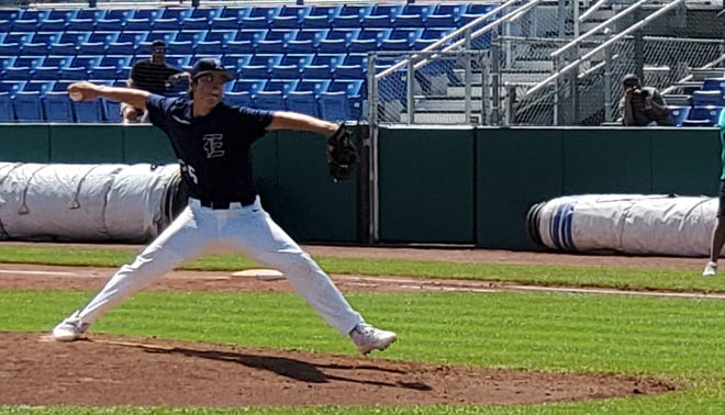 Enid Majors pitcher Jack Hill prepares to deliver a pitch in the fourth inning of their second round Connie Mack World Series game against the Farmington Frackers.