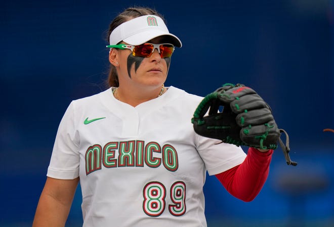 Mexico's Sierra Hyland prepares to play during the softball game between Mexico and Canada at the 2020 Summer Olympics, Wednesday, July 21, 2021, in Fukushima , Japan. (AP Photo/Jae C. Hong)