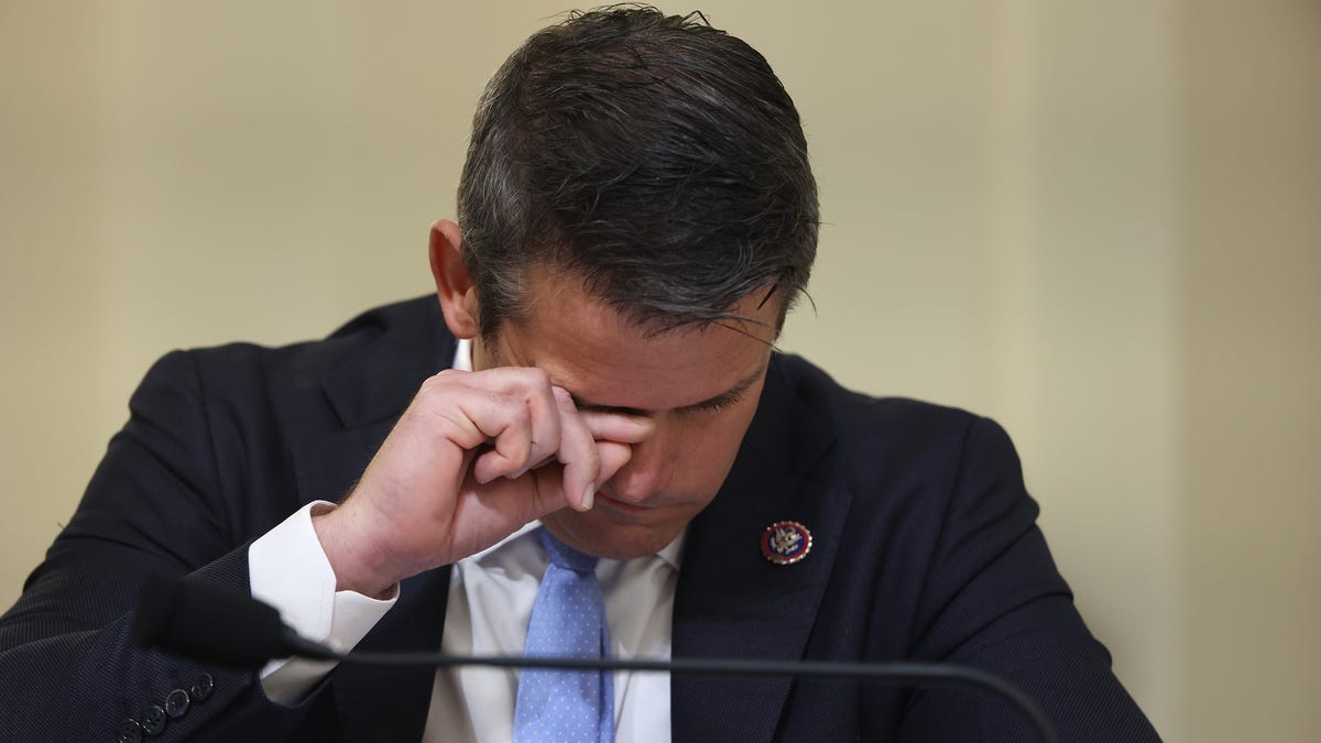 Rep. Adam Kinzinger (R-IL) reacts during testimony before the House Select Committee investigating the January 6 attack on US Capitol.