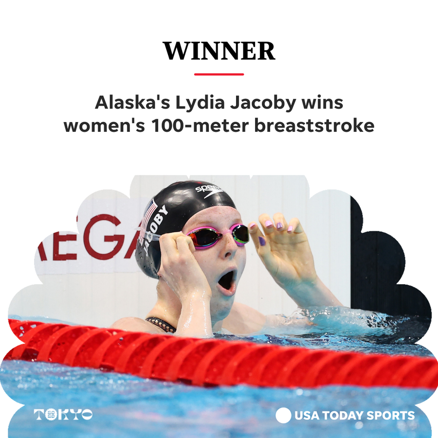 Team USA's Lydia Jacoby, 17, celebrates after winning the gold medal in the women's 100-meter breaststroke at the Tokyo Olympics.