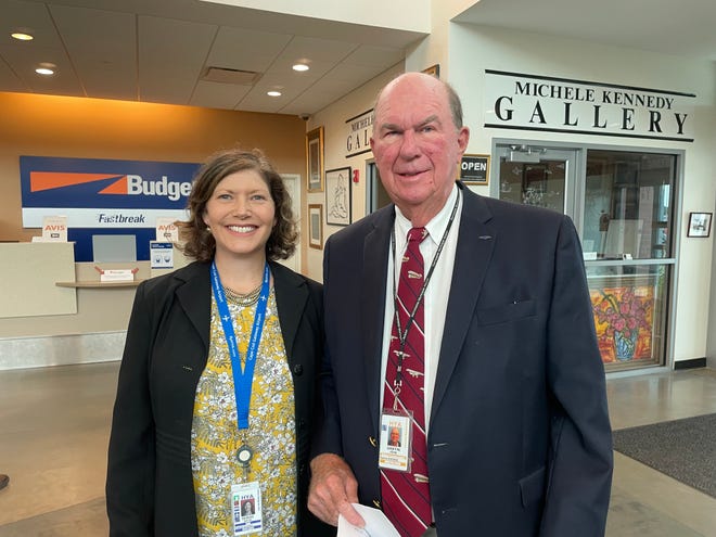 Airport Manager Katie Servis and Airport Commission Chairman John Griffin say airport revenues are back on track after a 30% decline due to pandemic shutdowns.