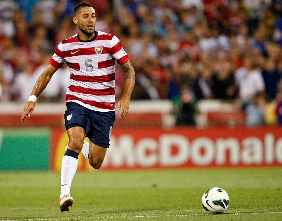 U.S. Men's National team Clint Dempsey (8) dribbles up field against Jamaica during the first half of their CONCACAF World Cup qualifying game at Crew Stadium, September 11, 2012.