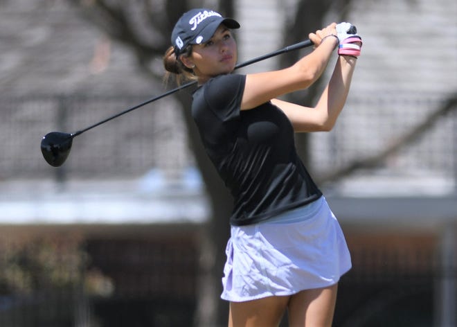 Alexa Pano, teeing off during during the Mackie Construction Professional Golf Classic on April 8, 2021, at the Abilene Country Club South Course, says she will retain her amateur status when she plays in Stage 1 of the LPGA Tour's q-school next month.