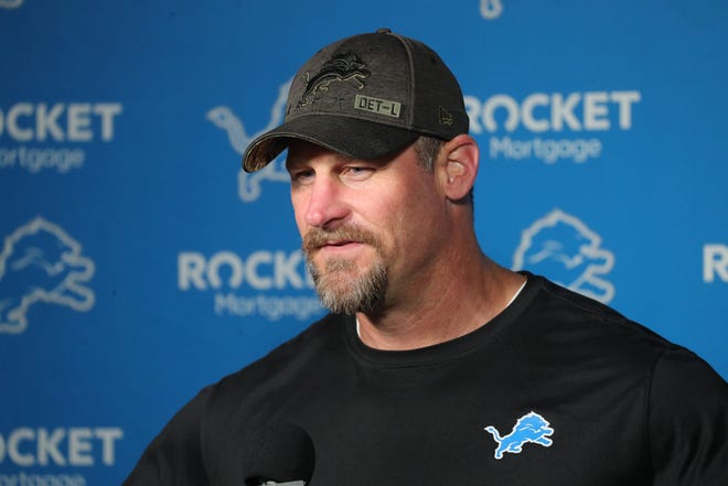 Detroit Lions heads coach Dan Campbell talks with reporters before training camp at the Allen Park facility Wednesday, July 28, 2021.