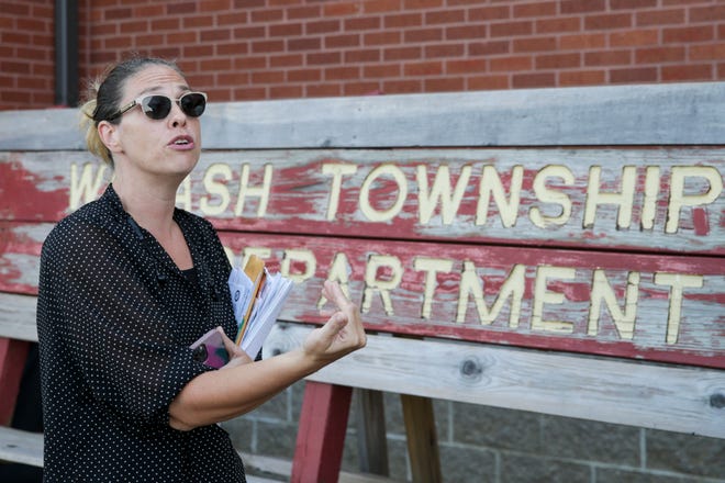 Trustee Jennifer Teising speaks to members of the media after a meeting of the Wabash Township board, Tuesday, July 27, 2021 in West Lafayette.