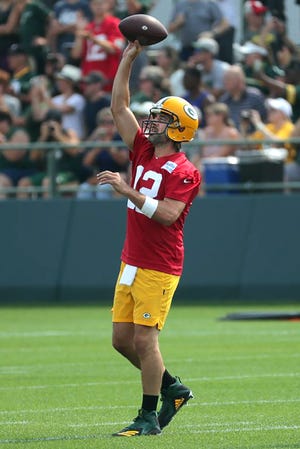 Green Bay Packers quarterback Aaron Rodgers is shown on the first day of Green Bay Packers training camp on Wednesday. He was blunt in his assessment of the organization during a news conference with the media.