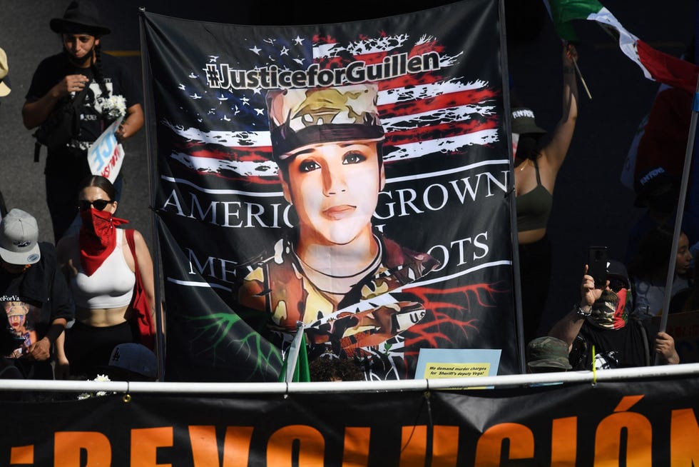 Banner demanding justice for slain U.S. Army solder Vanessa Guillen in Los Angeles on  July 12, 2020.