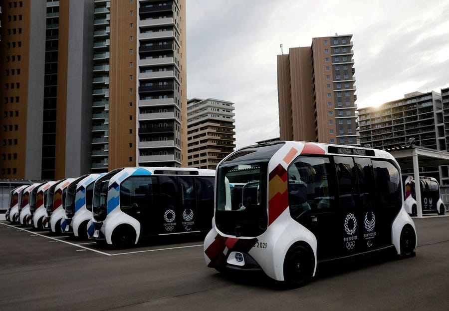 Electric shuttle buses at Tokyo 2020 Olympic and Paralympic Village, June 20, 2021