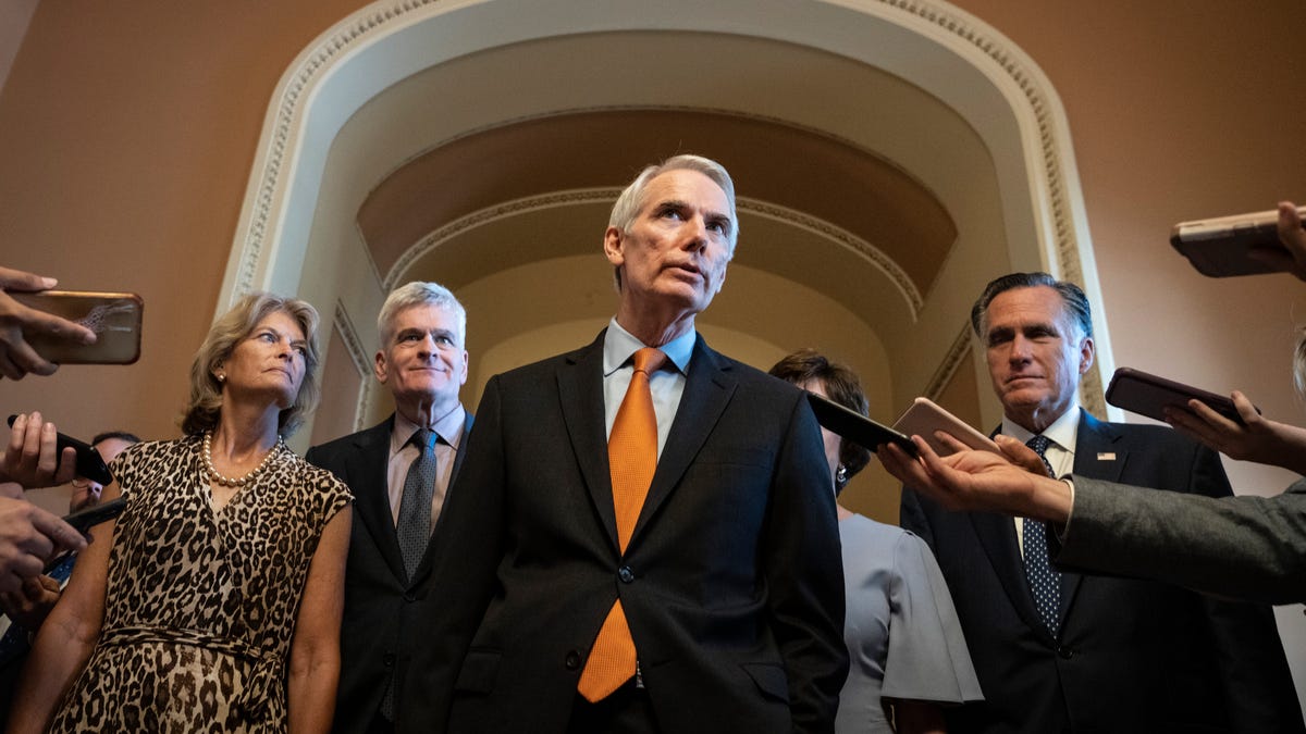The lead GOP negotiators on the bipartisan infrastructure legislation, Sens. Lisa Murkowski, Bill Cassidy, Rob Portman, Susan Collins and Mitt Romney, speak to reporters Wednesday after meeting privately with Senate Minority Leader Mitch McConnell.