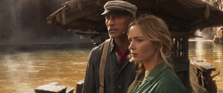 A punny skipper (Dwayne Johnson) takes an adventurous scientist (Emily Blunt) on an epic ride down the Amazon in "Jungle Cruise."