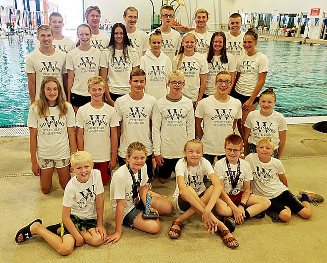These Watertown Area Swim Club swimmers recorded top-3 finishes in individual events over the weekend in the South Dakota State Long Course Championships at Brookings. Top-3 finishes for the Dolphins included, from left in front, Auggie Brewster, Khloe Campbell, Justine Kranz, RJ Matthies and Clayton Muller; second row, Sydney Sparks, Owen Muller, Haydn McGillivary, Parker Hoftiezer, Gabe Holzwarth and Roslyn Waite; third row, Burke Lauseng, Madelynne Storm, Lorelai Grund, Kyleigh Hansen, McKenna Falak, Leila Byer and Elsie Boettcher; and back, Simon Hendricks, Austin Boettcher, Ross Ritter, Zavier Kranz, Max Kuecker and Kaden Zink. Not pictured are Alina Smirnova and Jazmyn Lunn.