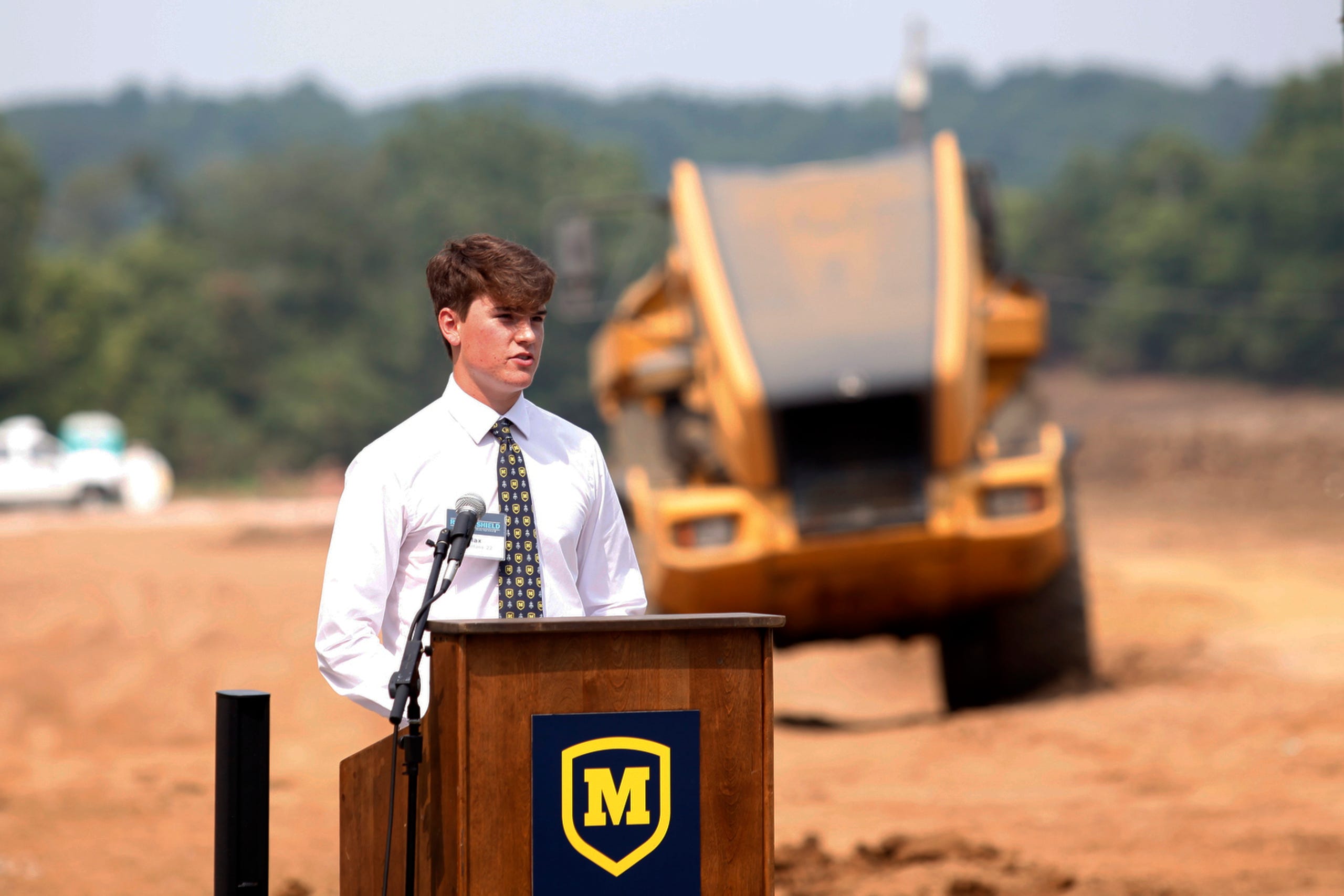 Max Tramontana, a pitcher for the Moeller High School varsity baseball team, spoke at the groundbreaking of the Moeller Athletic Complex on Thursday, July 29, 2021 in Miami Township. The complex will feature a baseball stadium, honor wall, practice fields, locker rooms, weight room, athletic offices and batting cages.