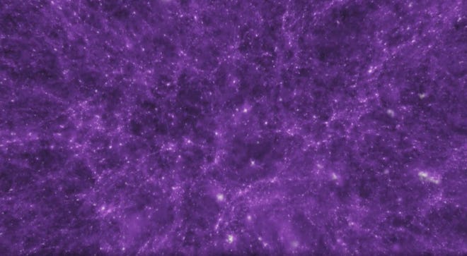 Computer simulation of the cosmic web, the large-scale structure of the universe. Each bright knot is a galaxy, while the purple filaments show where material exists between the galaxies. To the human eye, only the galaxies would be visible. Astronomers at New Mexico State University are working on getting data to unveil the structure of the cosmic web.