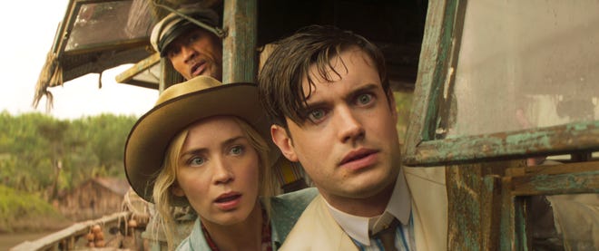(L-R): Dwayne Johnson as Frank Wolff, Emily Blunt as Lily Houghton and Jack Whitehall as MacGregor Houghton in "Jungle Cruise."