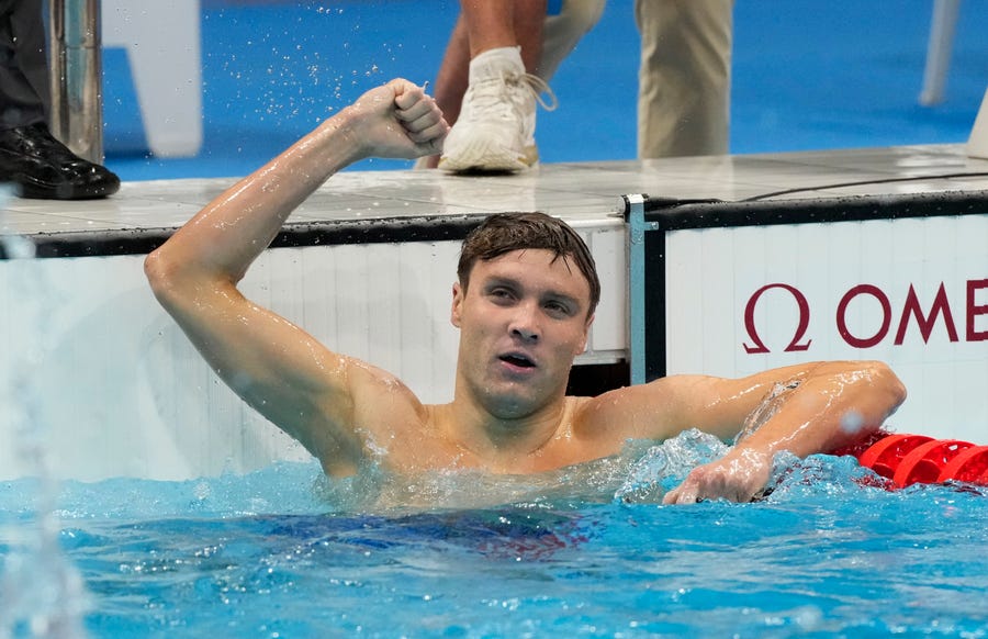 Robert Finke (USA) celebrates after winning in the men's 800m freestyle final during the Tokyo 2020 Olympic Summer Games at Tokyo Aquatics Centre on July 28, 2021.