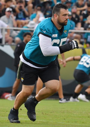 Jaguars DE/OLB (65) Brandon Linder in drills during the Jacksonville Jaguars training camp session at the practice fields outside TIAA Bank Field in Jacksonville, FL Friday, July 30, 2021.