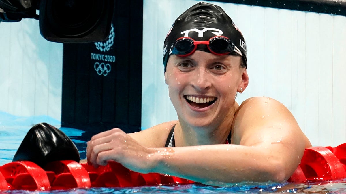 Katie Ledecky reacts after winning the women's 800-meter freestyle