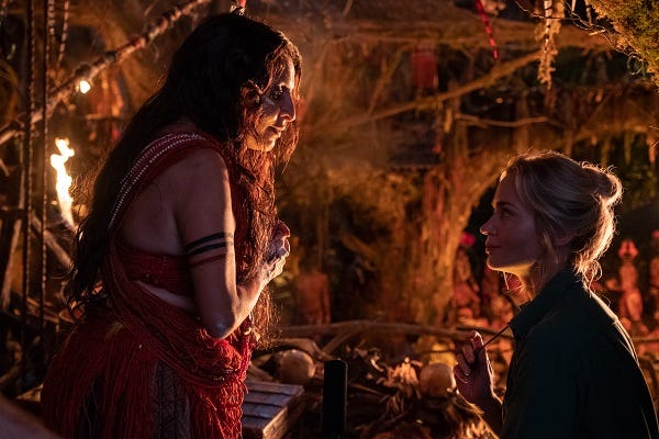 Veronica Falcón as Trader Sam in "Jungle Cruise," alongside Emily Blunt as Lily Houghton.