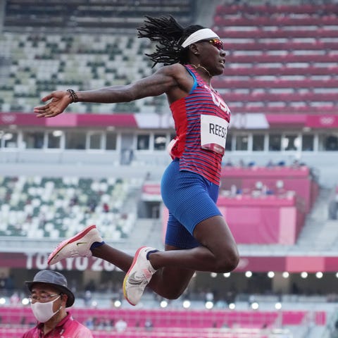 Brittney Reese competes during the women's long ju