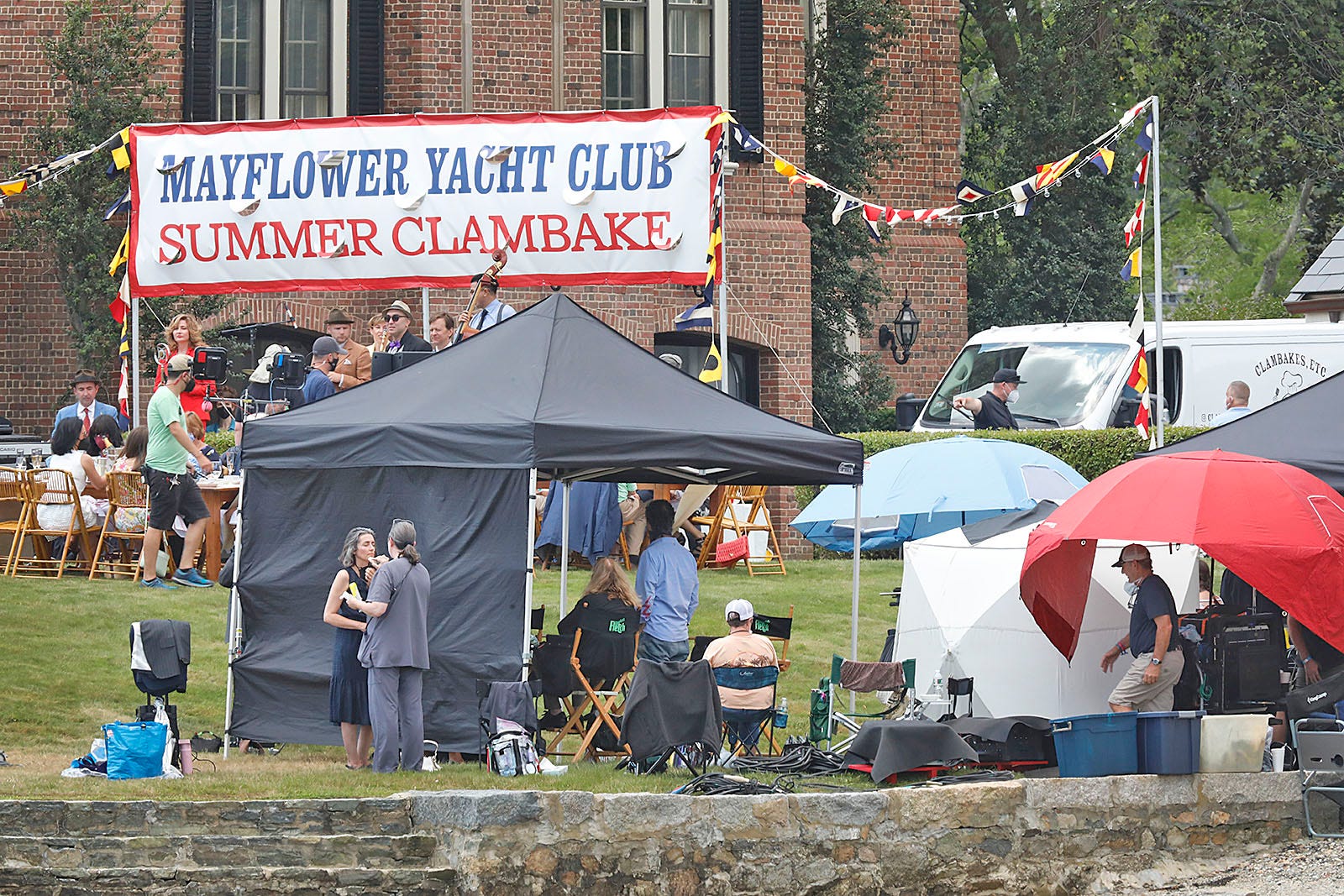 A scene is filmed at The Oaks in Cohasset for "Confess, Fletch" on Monday, Aug. 2, 2021.