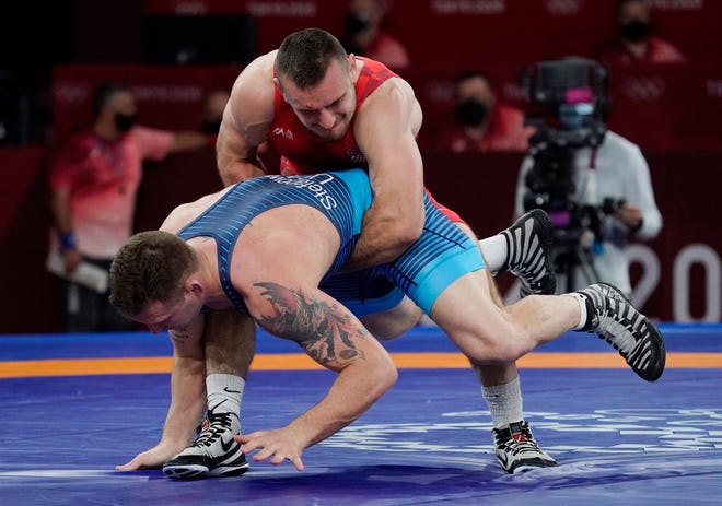 Ivan Huklek (CRO) competes against John Stefanowicz, Jr (USA) in the men's Greco-Roman 87kg 1/8 final during the Tokyo 2020 Olympic Summer Games at Makuhari Messe Hall A, Aug. 3, 2021.