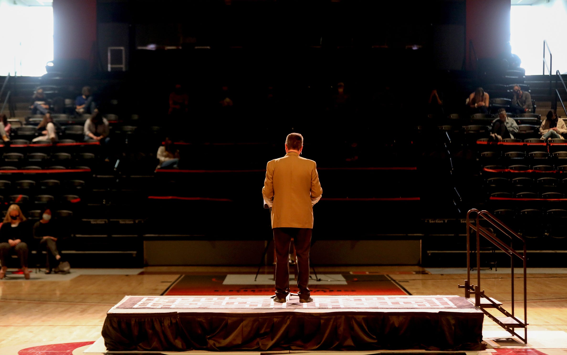 Dr. Tiberius Rata, the associate dean at the School of Ministry Studies at Grace College and Seminary preaches to students during chapel service inside the Manahan Orthopaedic Capital Center on the campus in Winona Lake, Indiana on Tuesday, March 30, 2021.
