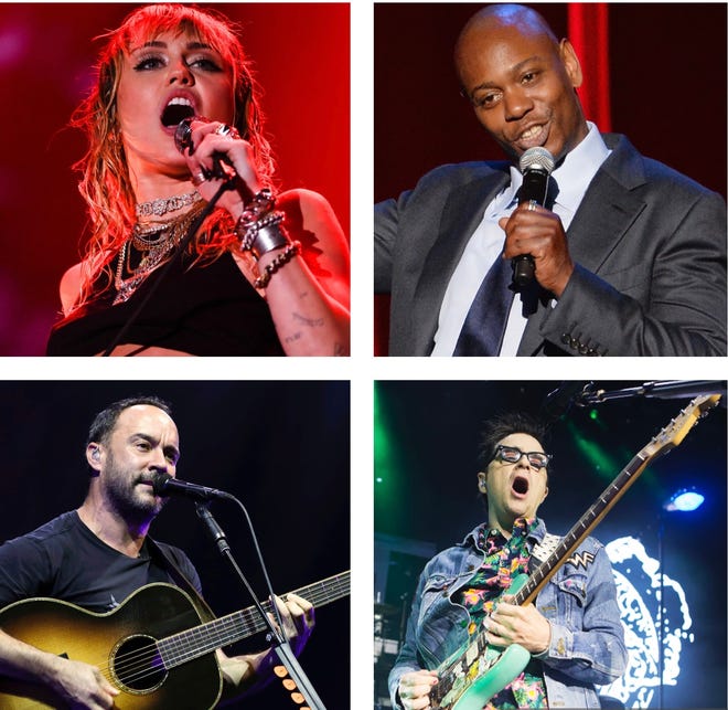 Summerfest 2021 headliners include (from top left) Miley Cyrus, Dave Chappelle, Weezer and Dave Matthews Band.