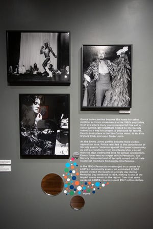 A few of the pieces from the "Queering Spaces: Celebrating Pensacola’s LGBTQ+ Community" exhibit at the Pensacola Museum of History on S. Jefferson Street are shown. The exhibit is located on the second floor and is scheduled to run through January 2022.