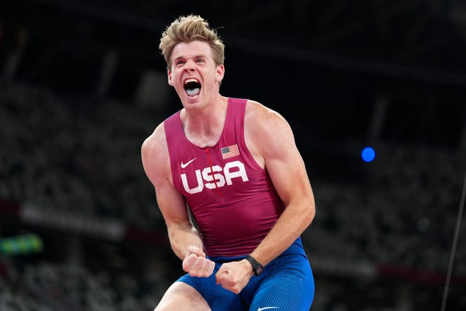 Chris Nilsen reacts after an attempt in the men's pole vault final at the 2020 Summer Olympics, Tuesday, Aug. 3, 2021, in Tokyo.