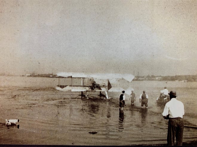 Hugh Willoughby prepping his Pelican hydroplane for takeoff.