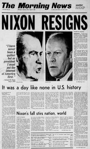 Front page of The Morning News from Aug. 9, 1974.