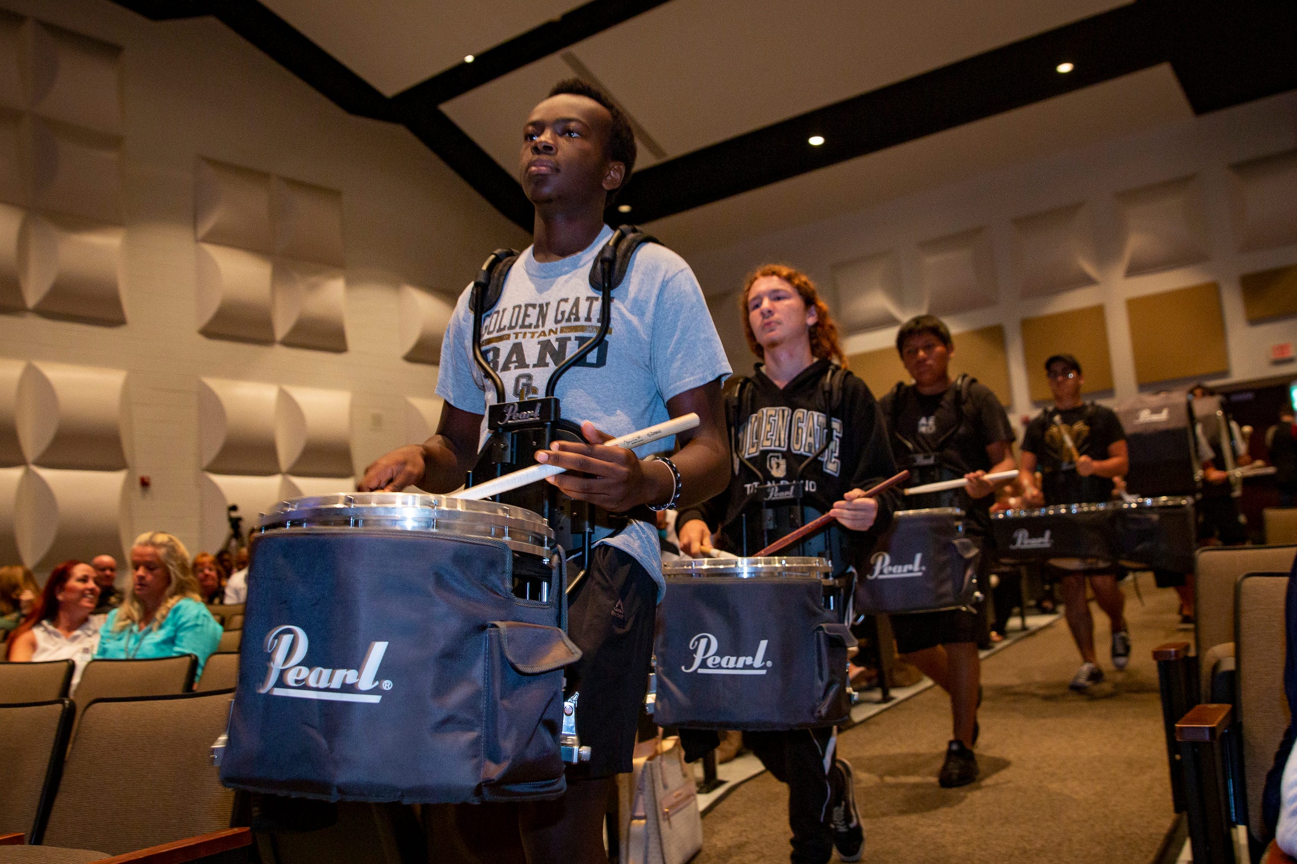 Members of the Golden Gate High School drum line perform during the 2021-22 Opening of Schools ceremony, Wednesday, Aug. 4, 2021, at Golden Gate High School.