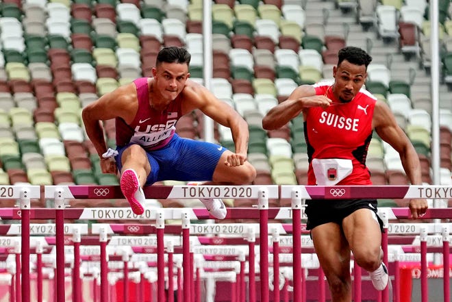 Aug 4, 2021; Tokyo, Japan; Devon Allen (USA) in the men's 110m hurdles semi-finalduring the Tokyo 2020 Olympic Summer Games at Olympic Stadium.