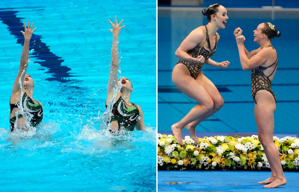 LEFT: Huang Xuechen and Sun Wenyan (CHN) during the women's artistic swimming duo final on August 4, 2021, during the Tokyo 2020 Summer Olympics at the Tokyo Aquatic Center.  RIGHT: Claudia Holzner and Jacqueline Simoneau (CAN) react to their performance in the women's artistic duet swimming final.